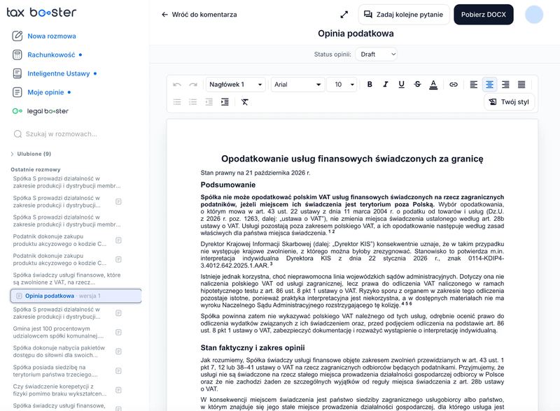 Zrzut ekranu Tax Boostera: projekt opinii podatkowej „Opodatkowanie usług finansowych świadczonych za granicę” z podsumowaniem, przypisami, powołaną interpretacją indywidualną Dyrektora KIS 0114-KDIP4-3.4012.642.2025.1.AAR i przyciskiem Pobierz DOCX.